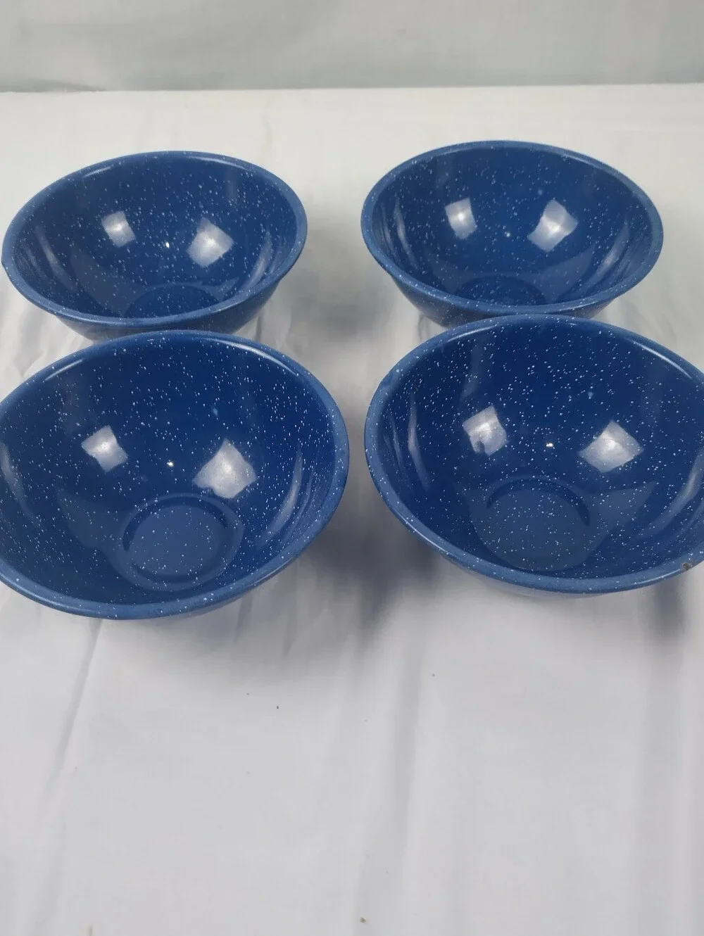Vintage Blue Speckled Enamel 6” Bowls Set Of 4 Enamelware Camping Cookware